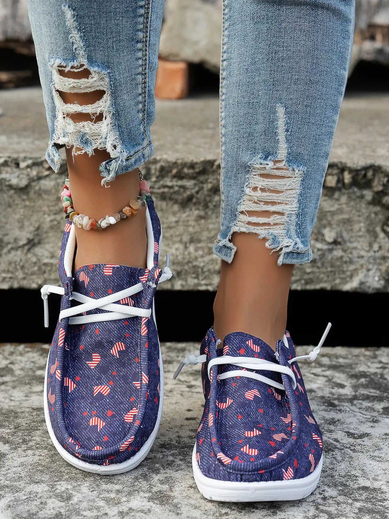 Women's Floral Tie-Front Canvas Shoes - Casual Low Top Sneakers