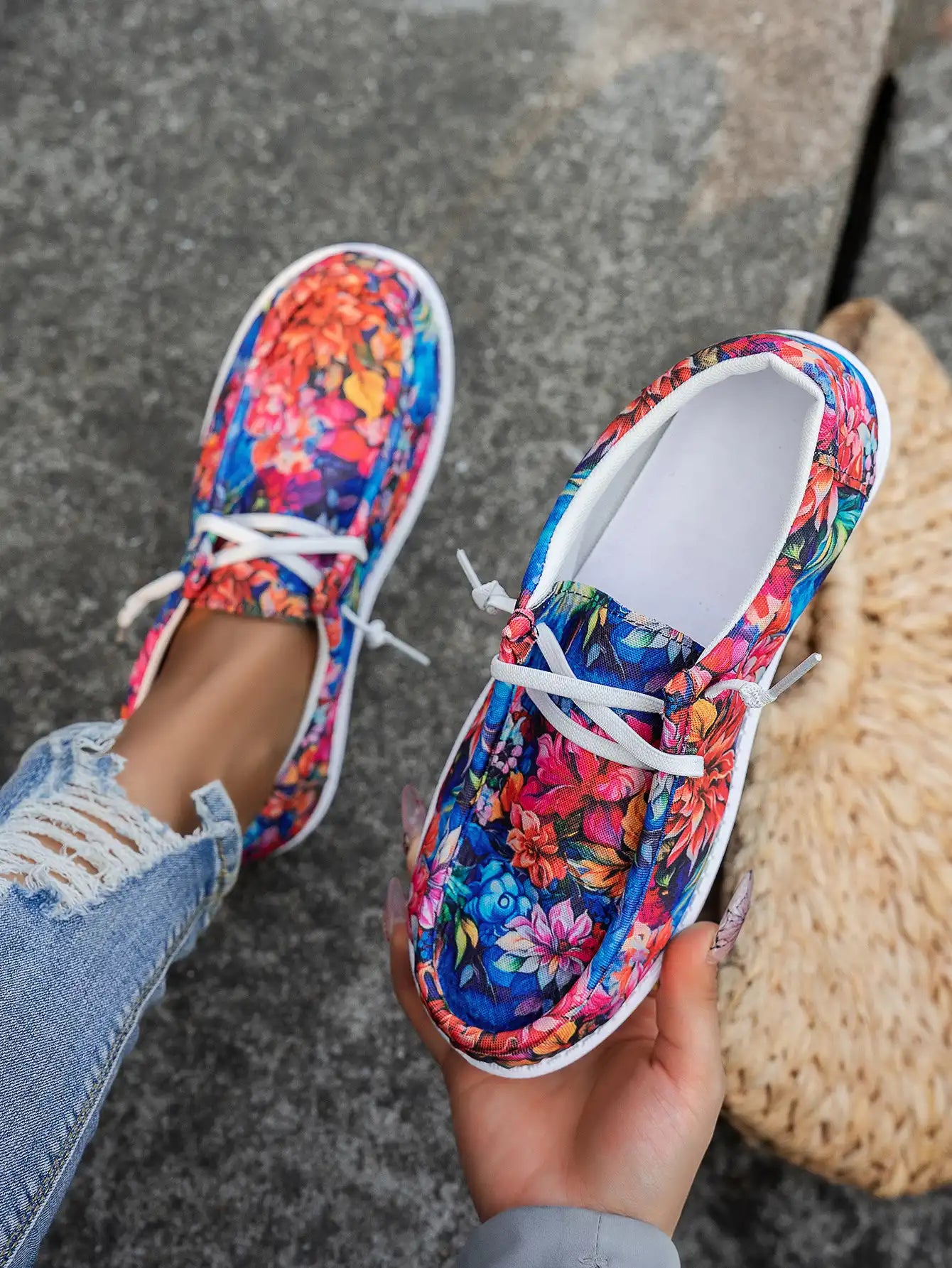 Women's Floral Tie-Front Canvas Shoes - Casual Low Top Sneakers