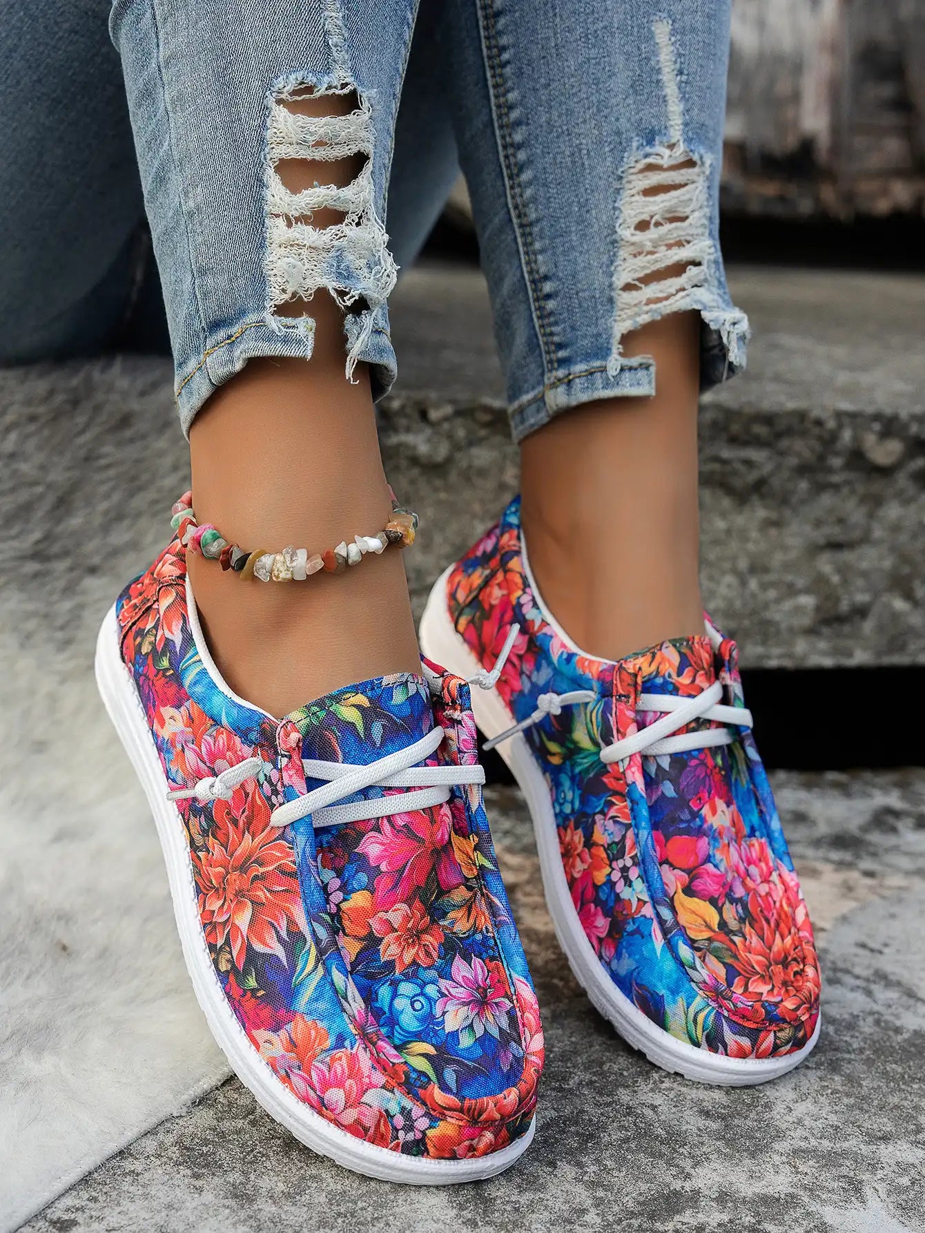 Women's Floral Tie-Front Canvas Shoes - Casual Low Top Sneakers