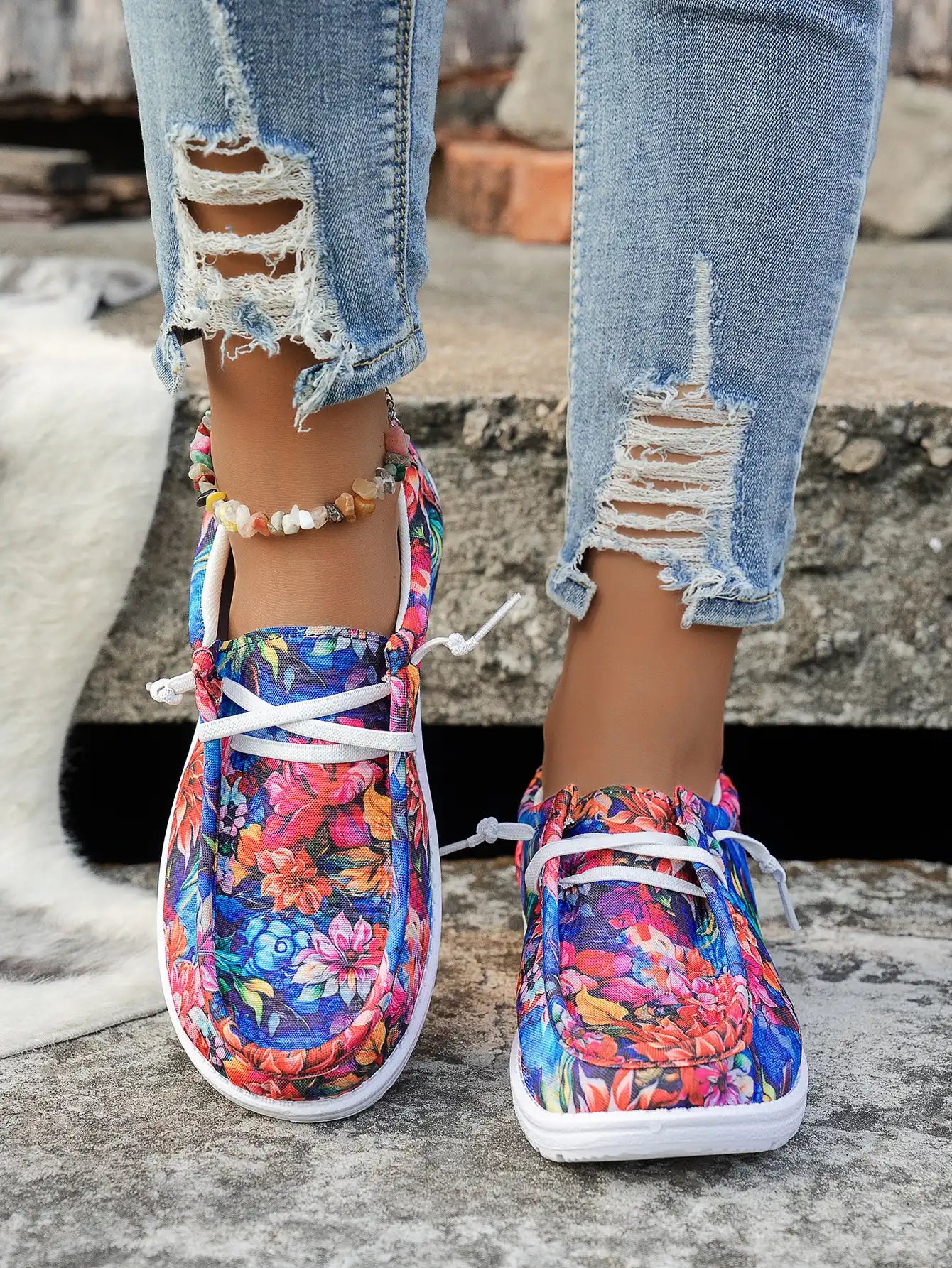 Women's Floral Tie-Front Canvas Shoes - Casual Low Top Sneakers