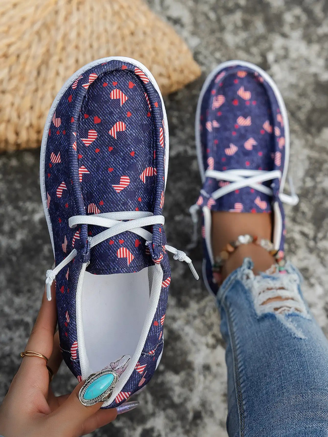 Women's Floral Tie-Front Canvas Shoes - Casual Low Top Sneakers