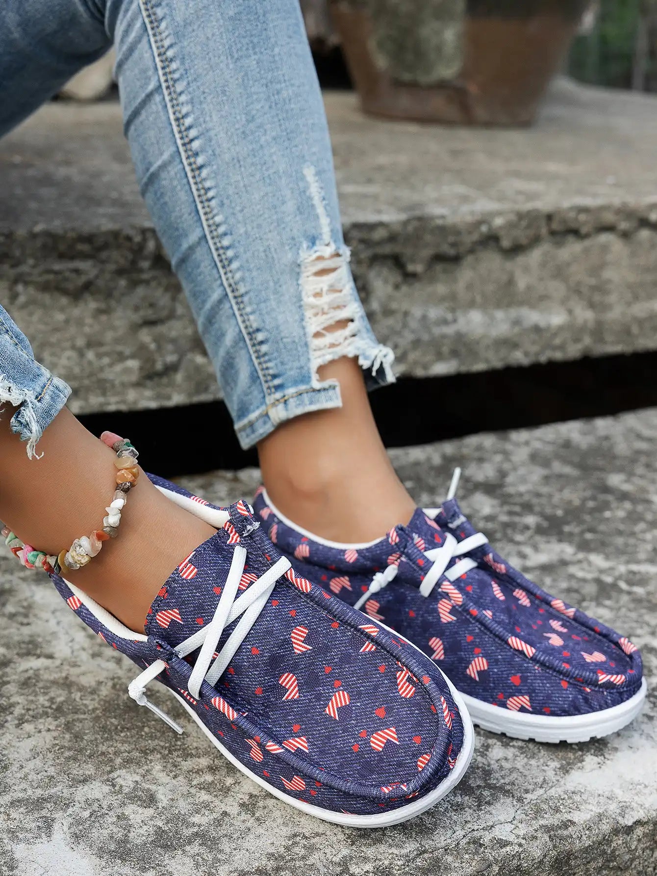 Women's Floral Tie-Front Canvas Shoes - Casual Low Top Sneakers