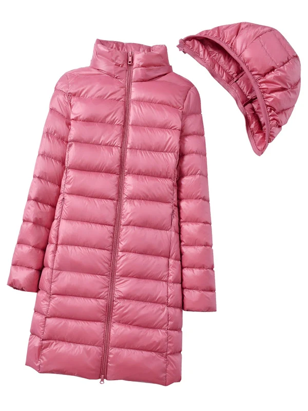 Women’s Lightweight Long Down Jacket – Slim Fit, Warm, Packable Winter Coat with Detachable Hood