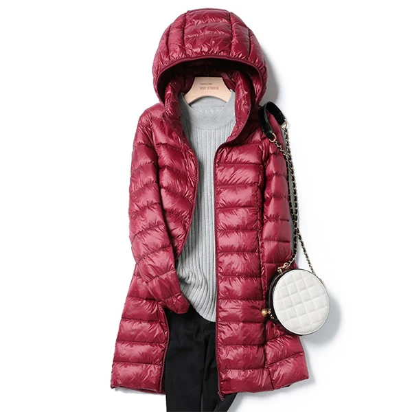 Women’s Lightweight Long Down Jacket – Slim Fit, Warm, Packable Winter Coat with Detachable Hood