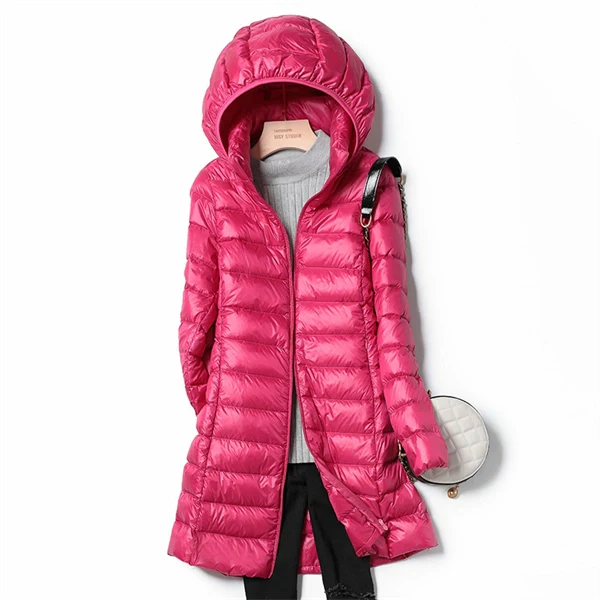 Women’s Lightweight Long Down Jacket – Slim Fit, Warm, Packable Winter Coat with Detachable Hood
