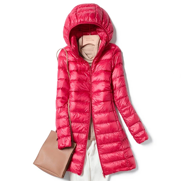 Women’s Lightweight Long Down Jacket – Slim Fit, Warm, Packable Winter Coat with Detachable Hood