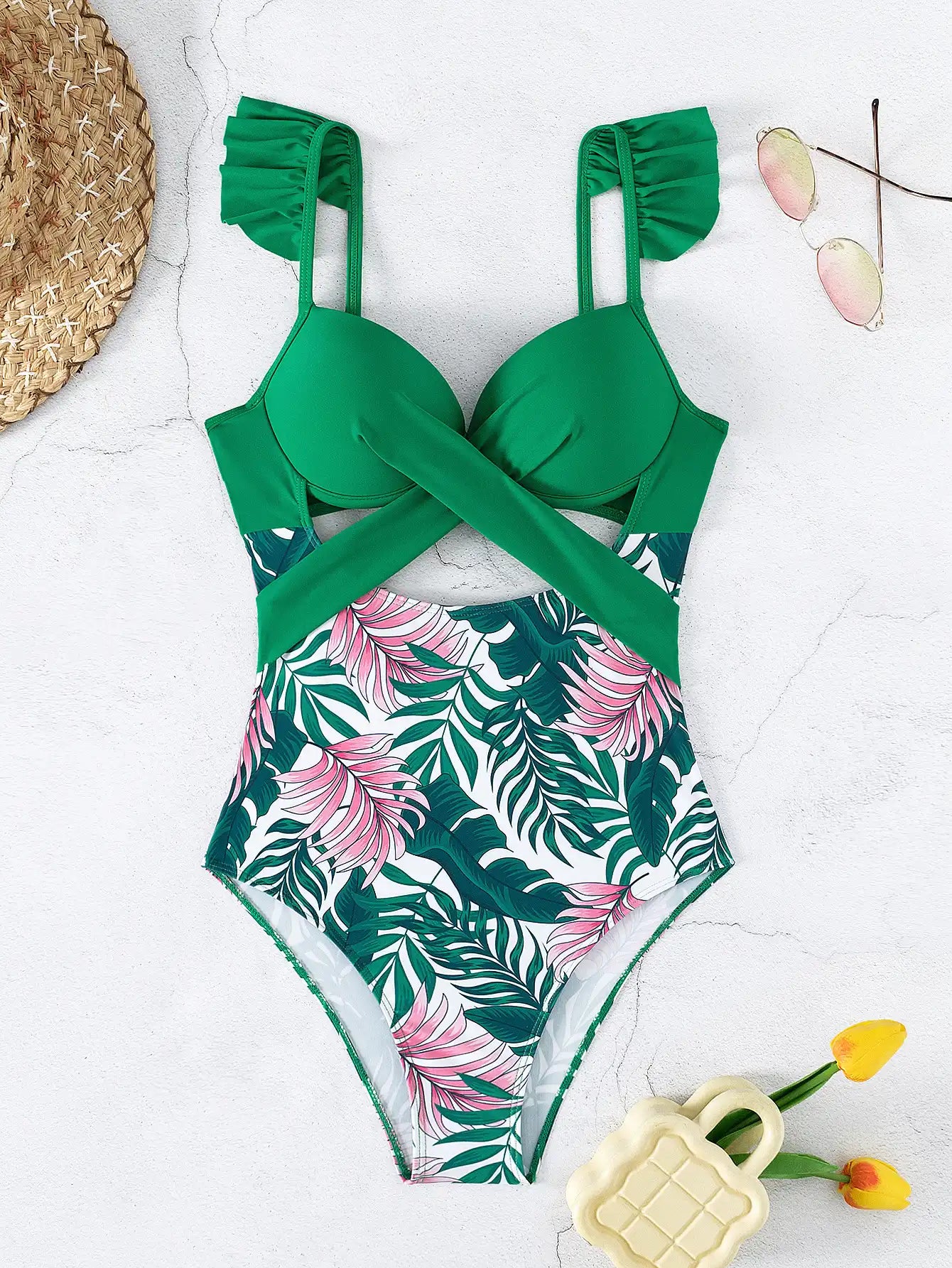 Women's Ruffled Push-Up Swimsuit: Tropical Beach