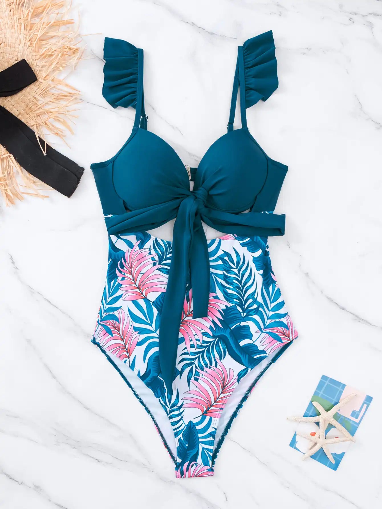 Women's Ruffled Push-Up Swimsuit: Tropical Beach