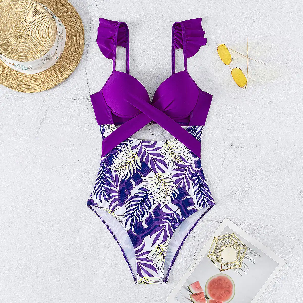 Women's Ruffled Push-Up Swimsuit: Tropical Beach