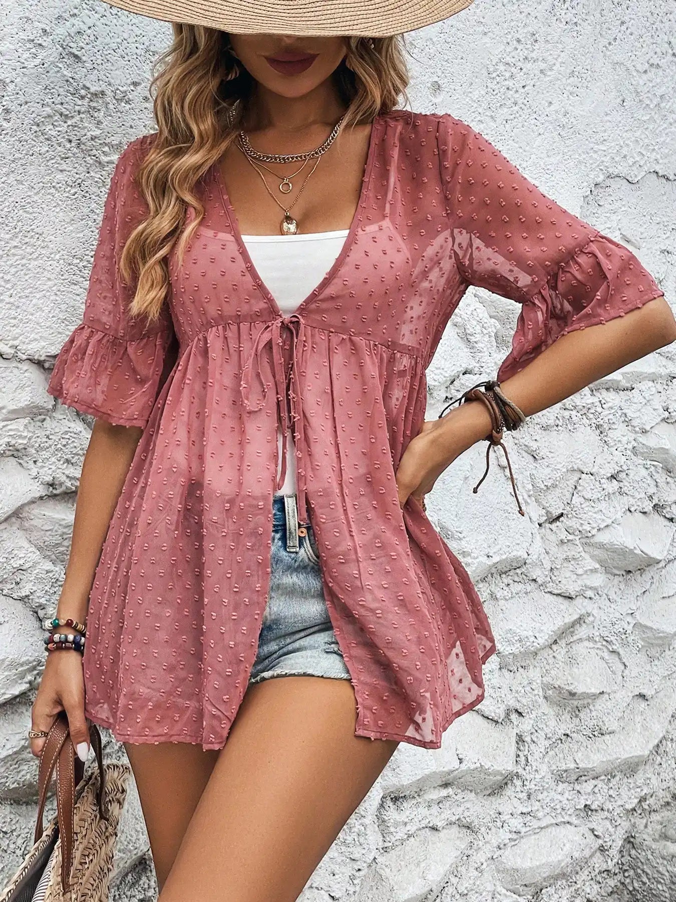 Women's Summer Polka Dot Sheer Cardigan Top (without Camisole)