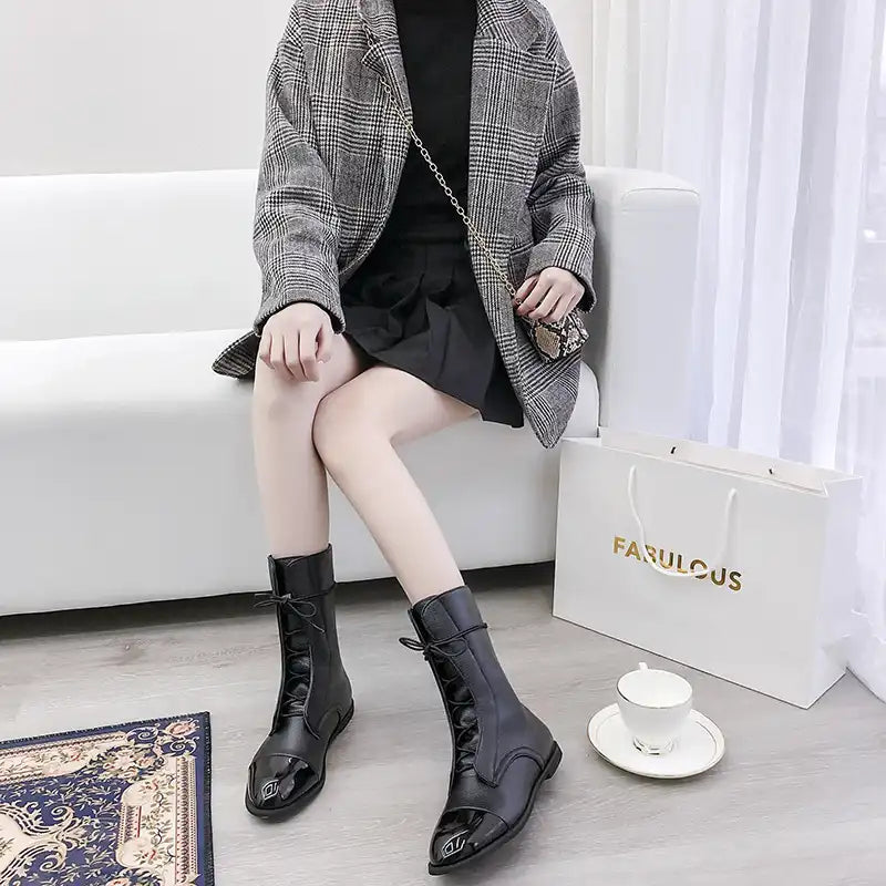 Women's Vintage Mid-Tube Martin Boots with Low Heels