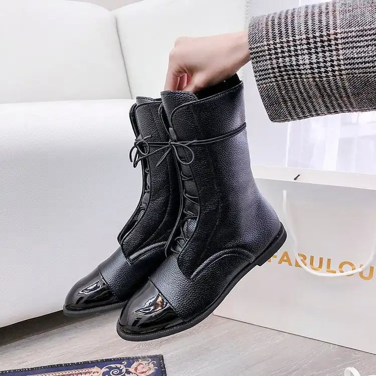 Women's Vintage Mid-Tube Martin Boots with Low Heels