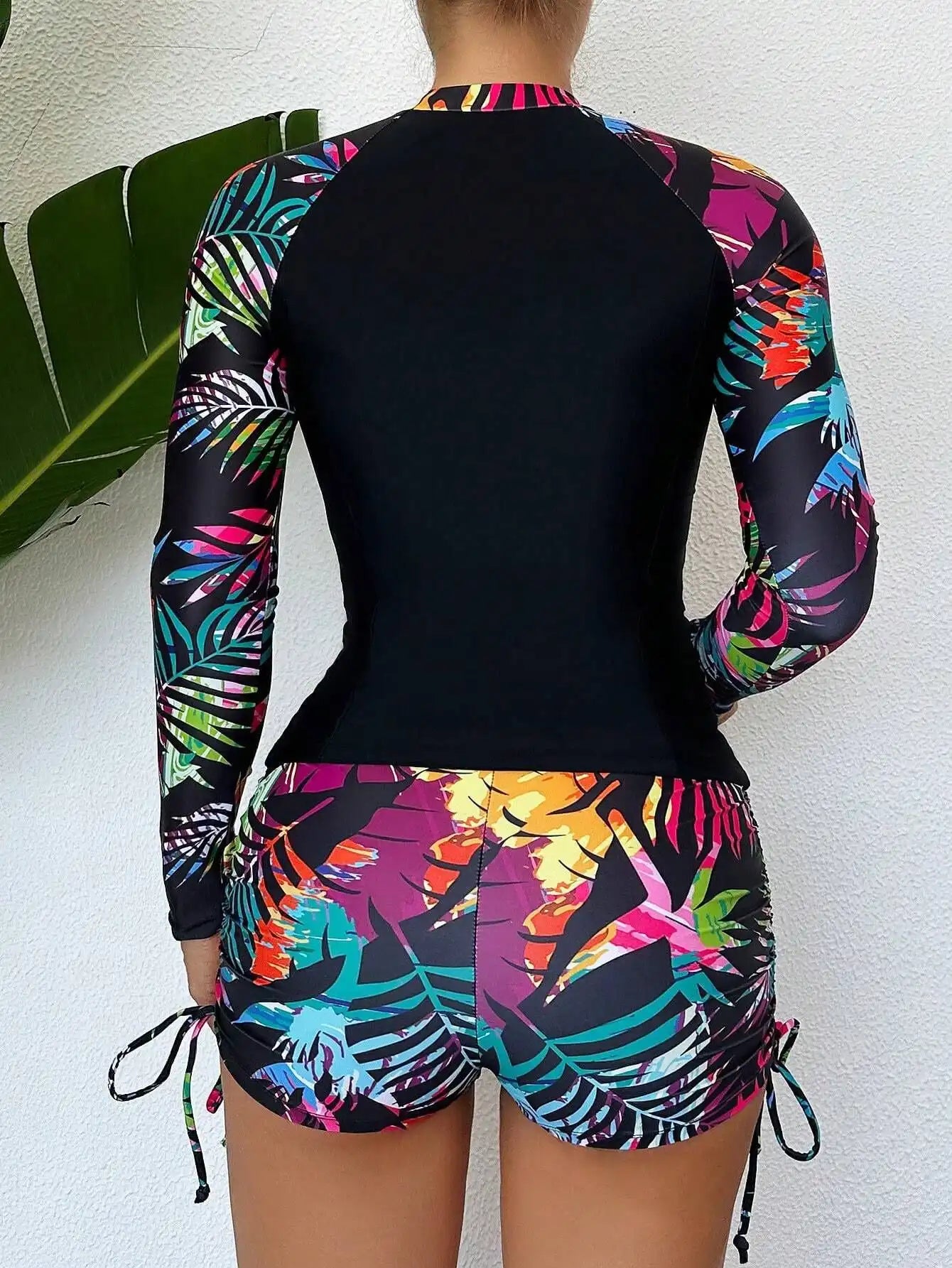 Women's Botanical Print Bikini Set with Sleeves for Beach, Surfing, Summer