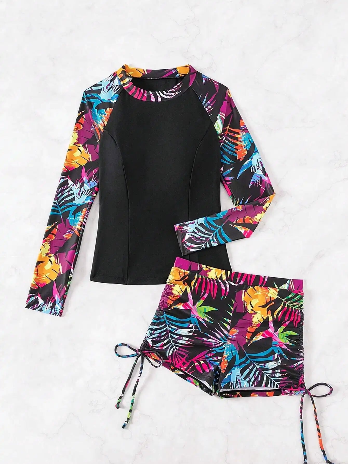 Women's Botanical Print Bikini Set with Sleeves for Beach, Surfing, Summer