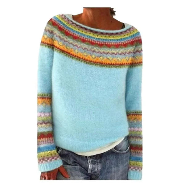 Women's Color Block Sweater – Casual Loose Fit Round Neck Knit Pullover