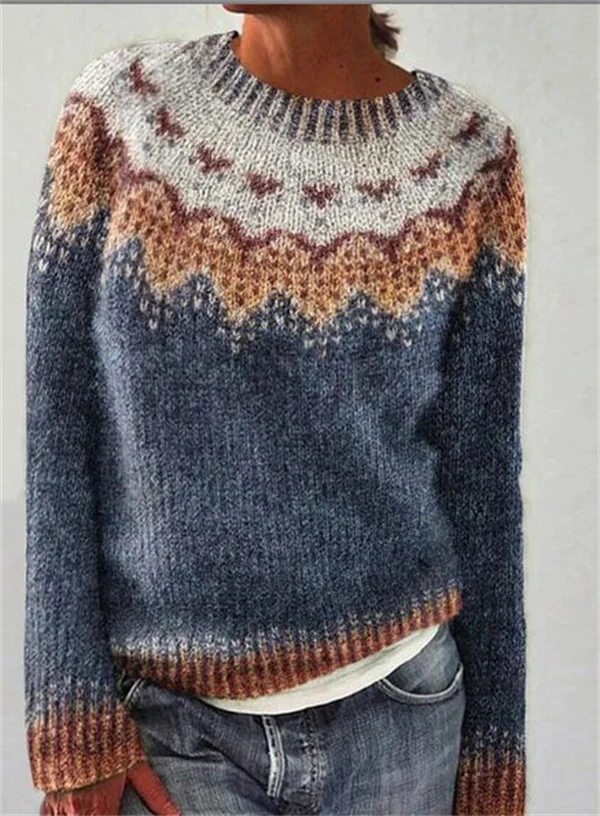 Women's Color Block Sweater – Casual Loose Fit Round Neck Knit Pullover