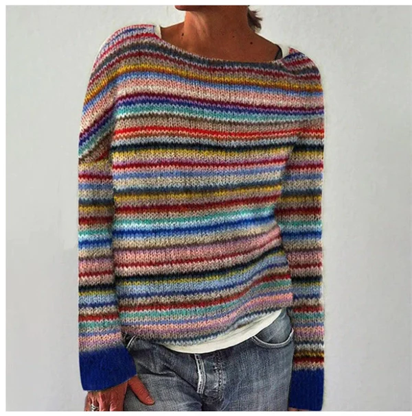 Women's Color Block Sweater – Casual Loose Fit Round Neck Knit Pullover