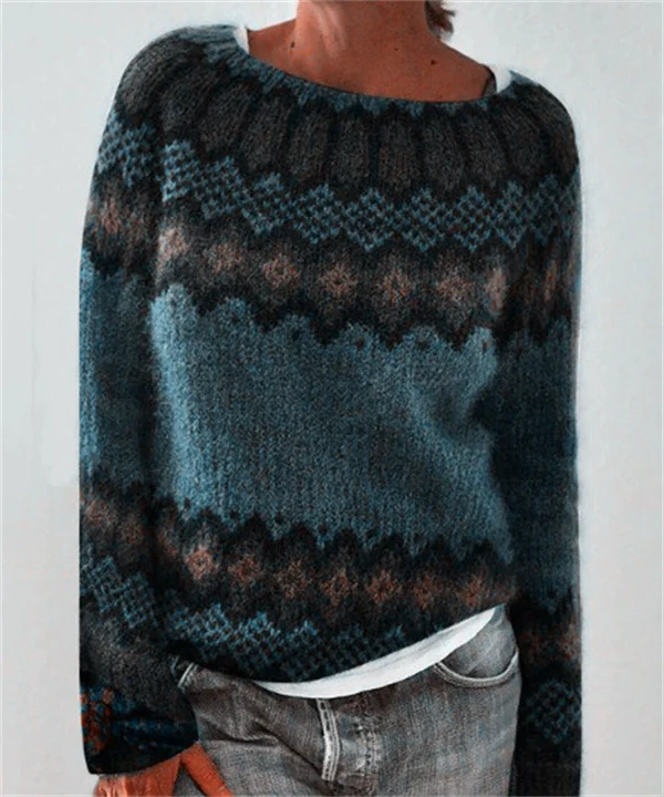 Women's Color Block Sweater – Casual Loose Fit Round Neck Knit Pullover