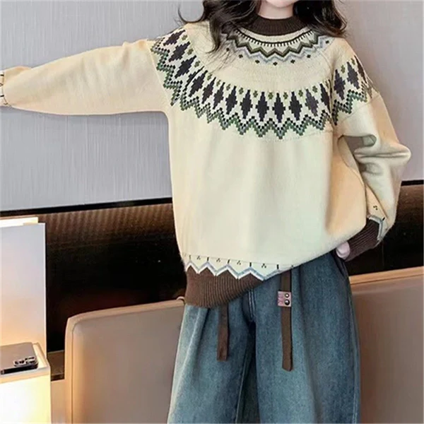 Women's Color Block Sweater – Casual Loose Fit Round Neck Knit Pullover
