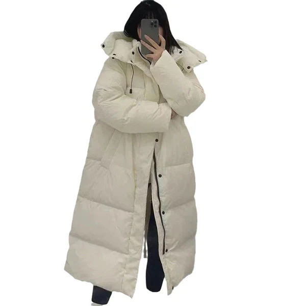 Women's Cream Mid-Length Down Coat - Premium Winter Jacket