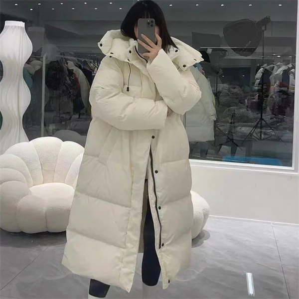 Women's Cream Mid-Length Down Coat - Premium Winter Jacket