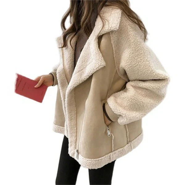 Women’s Faux Shearling Moto Jacket – Medium Length, Front Zipper, Warm Mid-Weight Coat