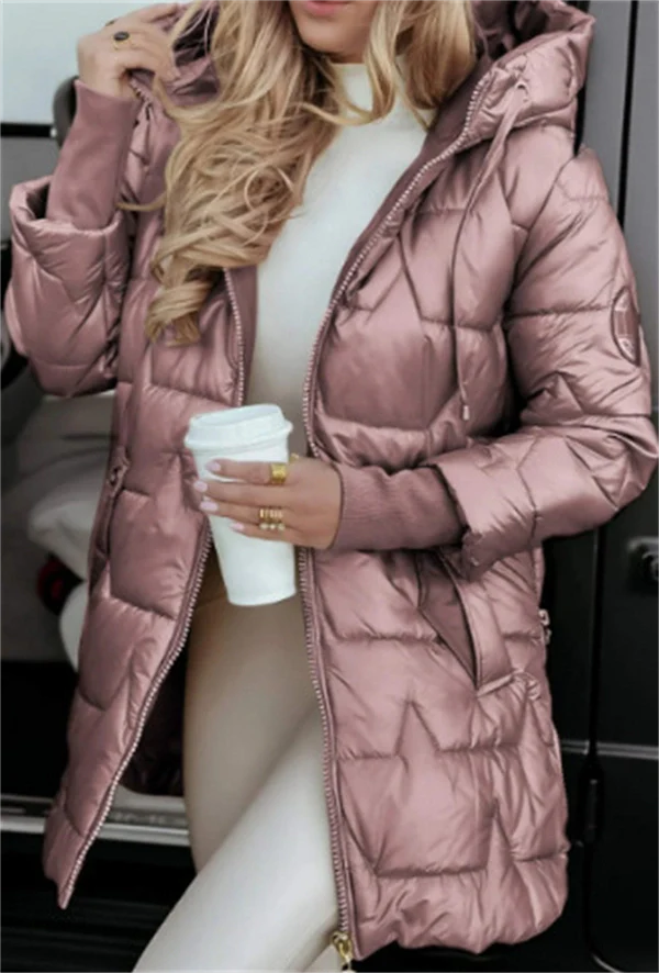 Women's Glossy Hooded Puffer Coat – Chic Mid-Length Winter Jacket with Gold Zippers & Warm Quilted Design