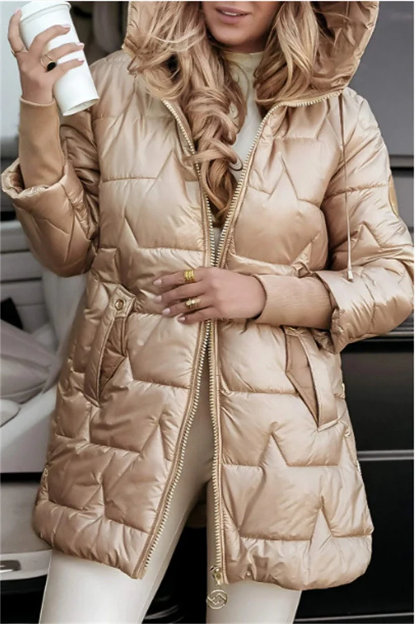 Women's Glossy Hooded Puffer Coat – Chic Mid-Length Winter Jacket with Gold Zippers & Warm Quilted Design