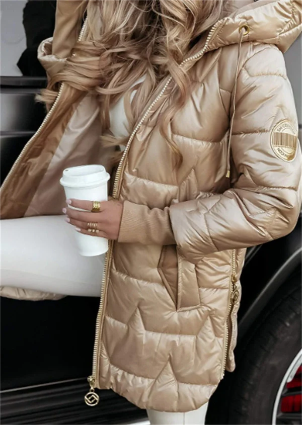 Women's Glossy Hooded Puffer Coat – Chic Mid-Length Winter Jacket with Gold Zippers & Warm Quilted Design