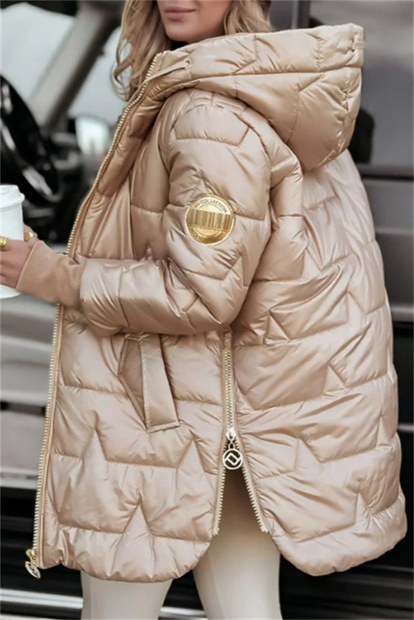Women's Glossy Hooded Puffer Coat – Chic Mid-Length Winter Jacket with Gold Zippers & Warm Quilted Design