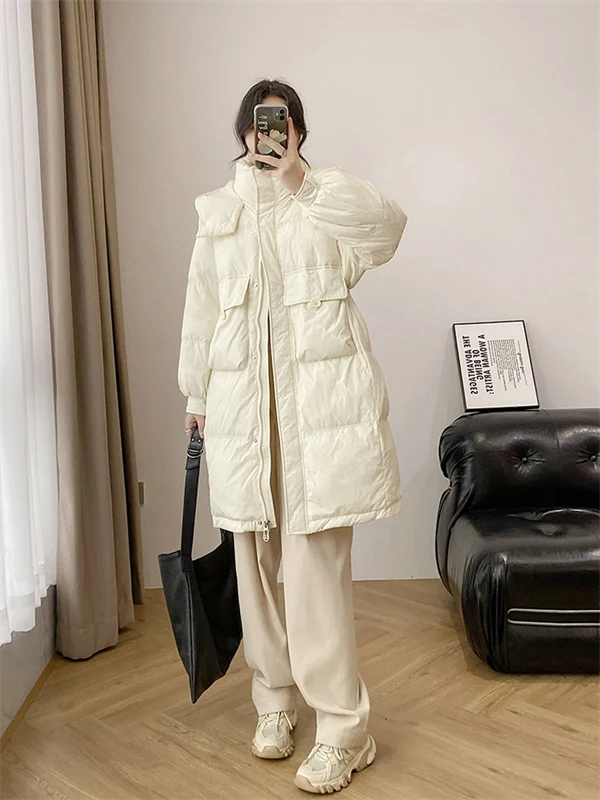 Women's Hooded Down Coat – Mid-Length Winter Jacket, Thick Warm Outerwear