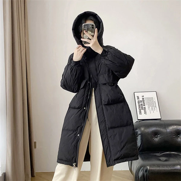 Women's Hooded Down Coat – Mid-Length Winter Jacket, Thick Warm Outerwear