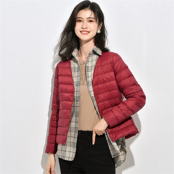 Women’s Lightweight V-Neck Down Jacket – Warm Winter Coat, Button Front, Long Sleeve, Solid Color, Casual & Portable