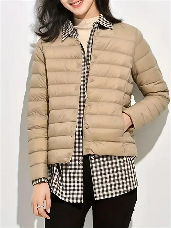 Women’s Lightweight V-Neck Down Jacket – Warm Winter Coat, Button Front, Long Sleeve, Solid Color, Casual & Portable