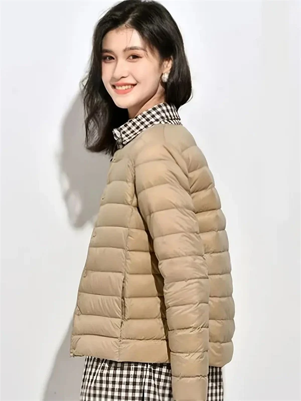 Women’s Lightweight V-Neck Down Jacket – Warm Winter Coat, Button Front, Long Sleeve, Solid Color, Casual & Portable