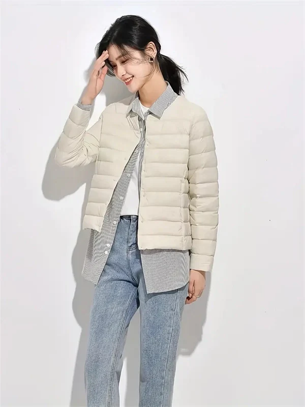 Women’s Lightweight V-Neck Down Jacket – Warm Winter Coat, Button Front, Long Sleeve, Solid Color, Casual & Portable