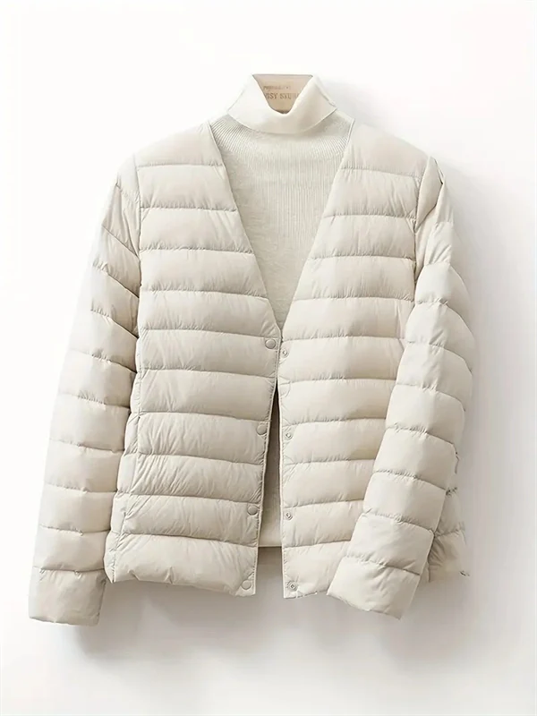 Women’s Lightweight V-Neck Down Jacket – Warm Winter Coat, Button Front, Long Sleeve, Solid Color, Casual & Portable
