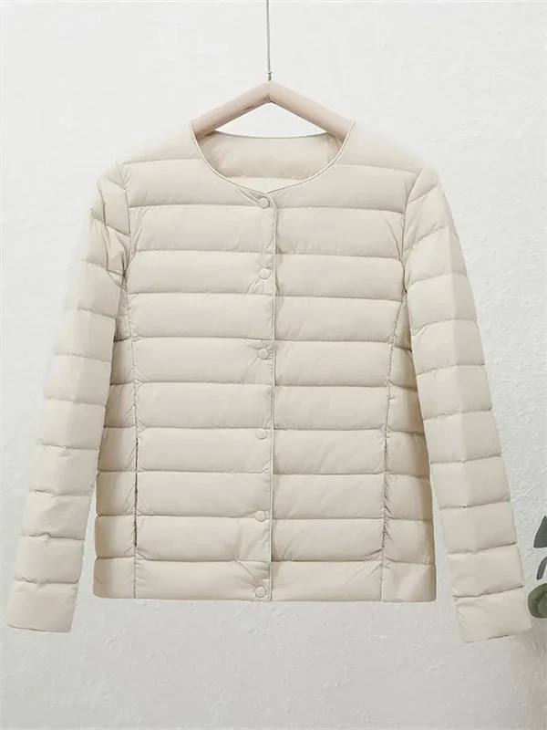 Women’s Lightweight V-Neck Down Jacket – Warm Winter Coat, Button Front, Long Sleeve, Solid Color, Casual & Portable