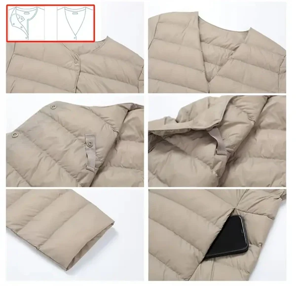 Women’s Lightweight V-Neck Down Jacket – Warm Winter Coat, Button Front, Long Sleeve, Solid Color, Casual & Portable