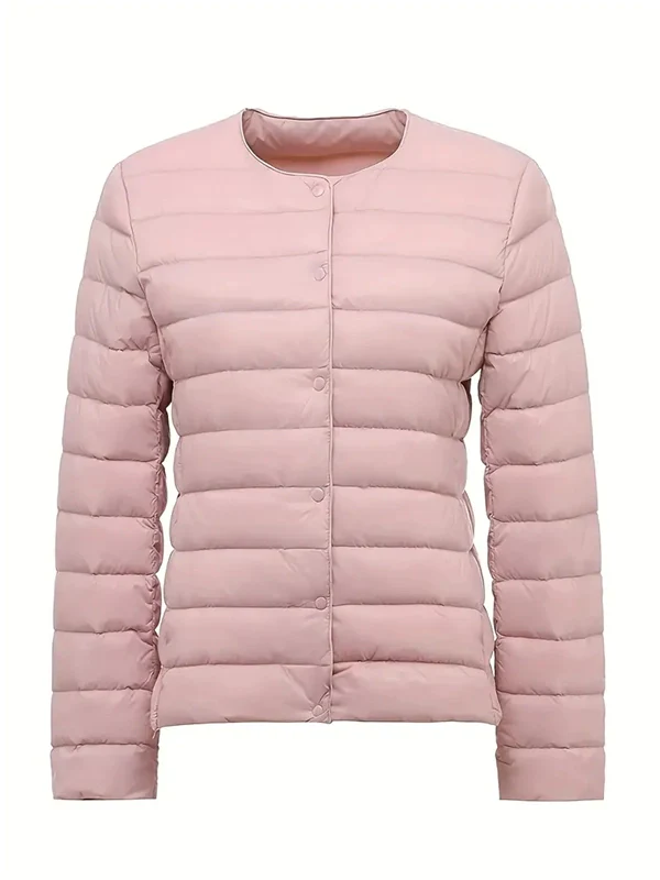 Women’s Lightweight V-Neck Down Jacket – Warm Winter Coat, Button Front, Long Sleeve, Solid Color, Casual & Portable