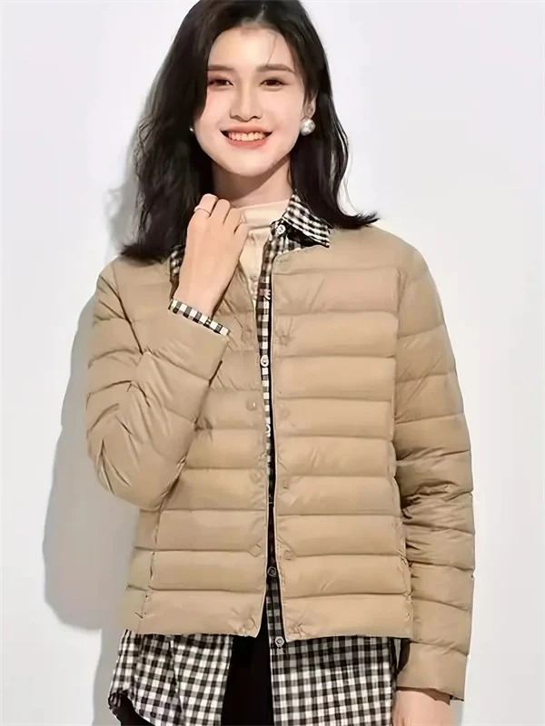 Women’s Lightweight V-Neck Down Jacket – Warm Winter Coat, Button Front, Long Sleeve, Solid Color, Casual & Portable