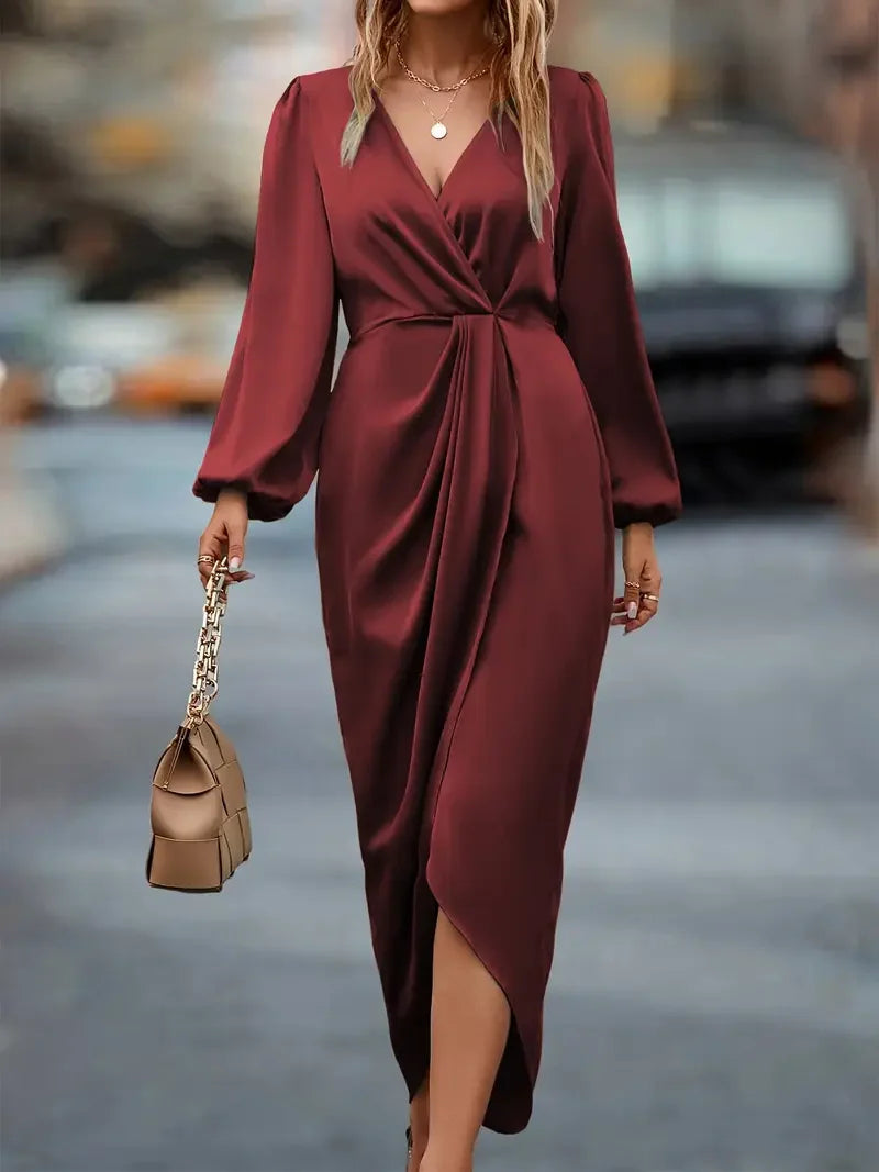 Women's Long Sleeve Wrap Dress - Ruched Waist Design for Spring Fall Fashion