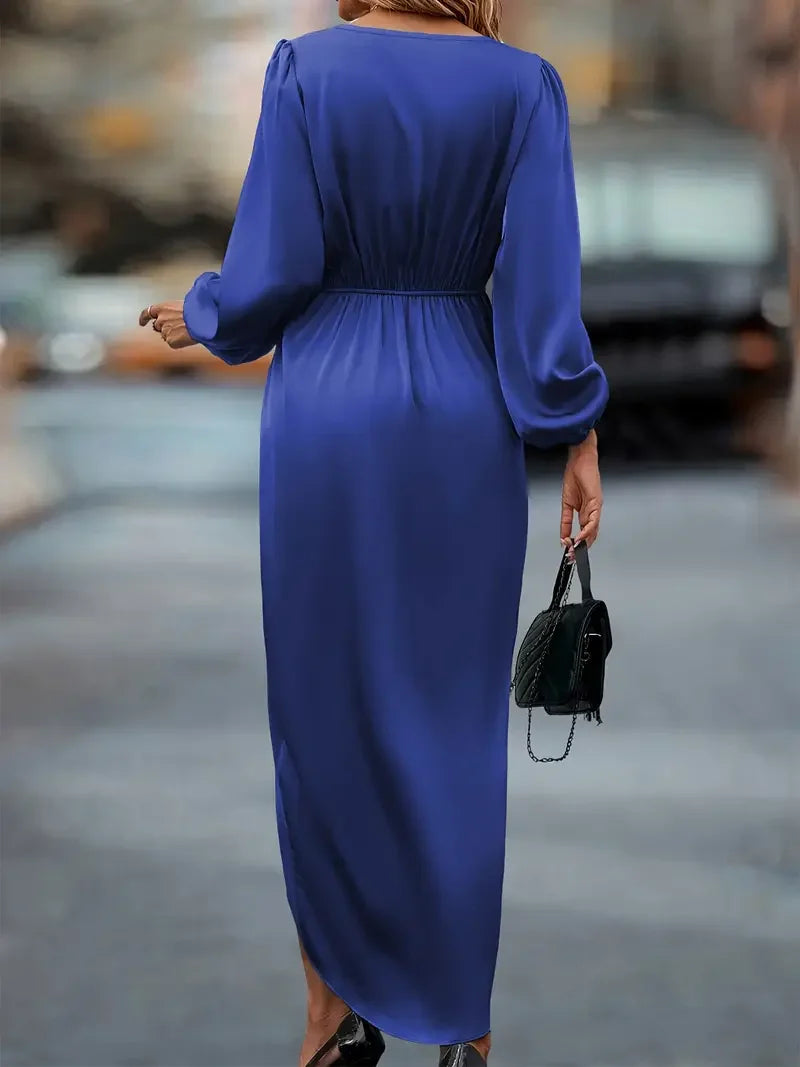 Women's Long Sleeve Wrap Dress - Ruched Waist Design for Spring Fall Fashion
