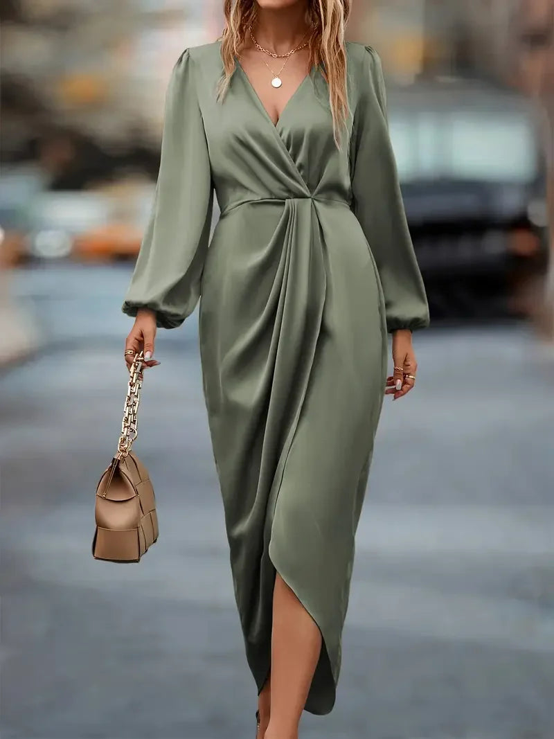 Women's Long Sleeve Wrap Dress - Ruched Waist Design for Spring Fall Fashion