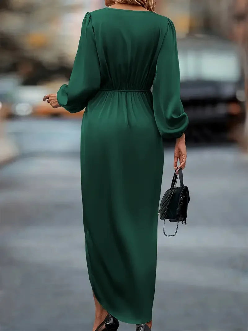 Women's Long Sleeve Wrap Dress - Ruched Waist Design for Spring Fall Fashion