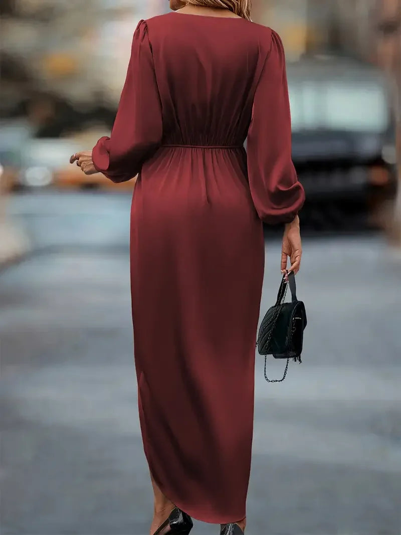 Women's Long Sleeve Wrap Dress - Ruched Waist Design for Spring Fall Fashion