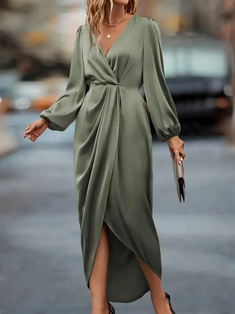 Women's Long Sleeve Wrap Dress - Ruched Waist Design for Spring Fall Fashion