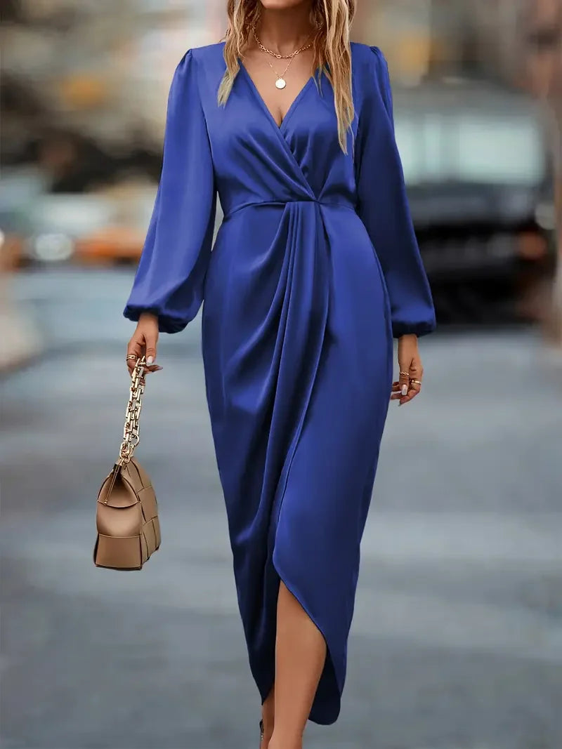 Women's Long Sleeve Wrap Dress - Ruched Waist Design for Spring Fall Fashion