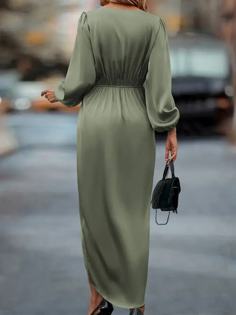 Women's Long Sleeve Wrap Dress - Ruched Waist Design for Spring Fall Fashion
