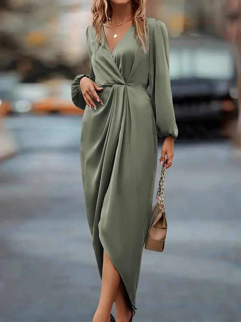 Women's Long Sleeve Wrap Dress - Ruched Waist Design for Spring Fall Fashion